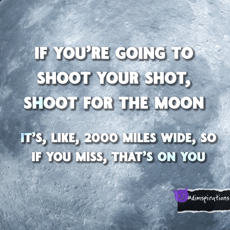 IF YOU'RE GOING TO SHOOT YOUR SHOT, SHOOT FOR THE MOON IT'S, LIKE, 2000 MILES WIDE, SO IF YOU MISS, THAT'S ON YOU