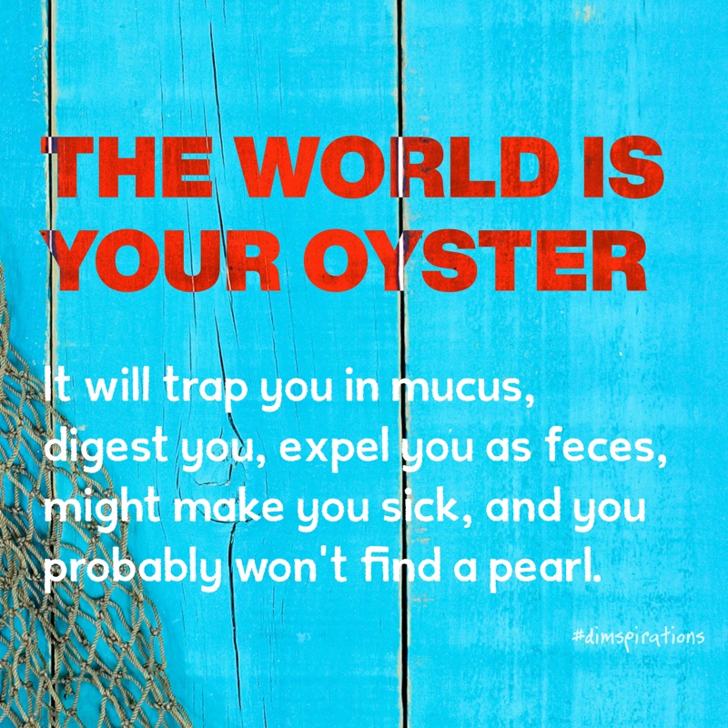 THE WORLD IS YOUR OYSTER. It will trap you in mucus, digest you, expel you as feces, might make you sick, and you probably won't find a pearl.