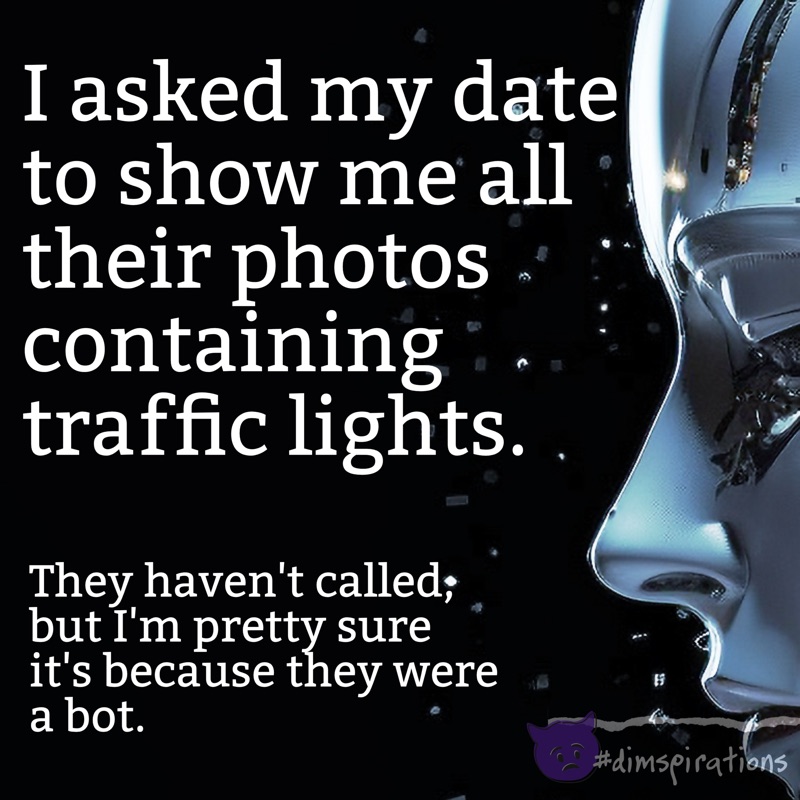 (robot head) I asked my date to show me all of their photos containing traffic lights. They haven't called me back. I think it's because they were a bot.